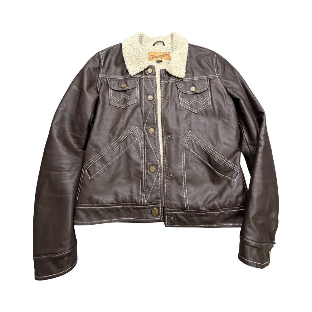 Wrangler Jacket Mens S Brown Faux Leather Sherpa Lined Western Trucker Coat